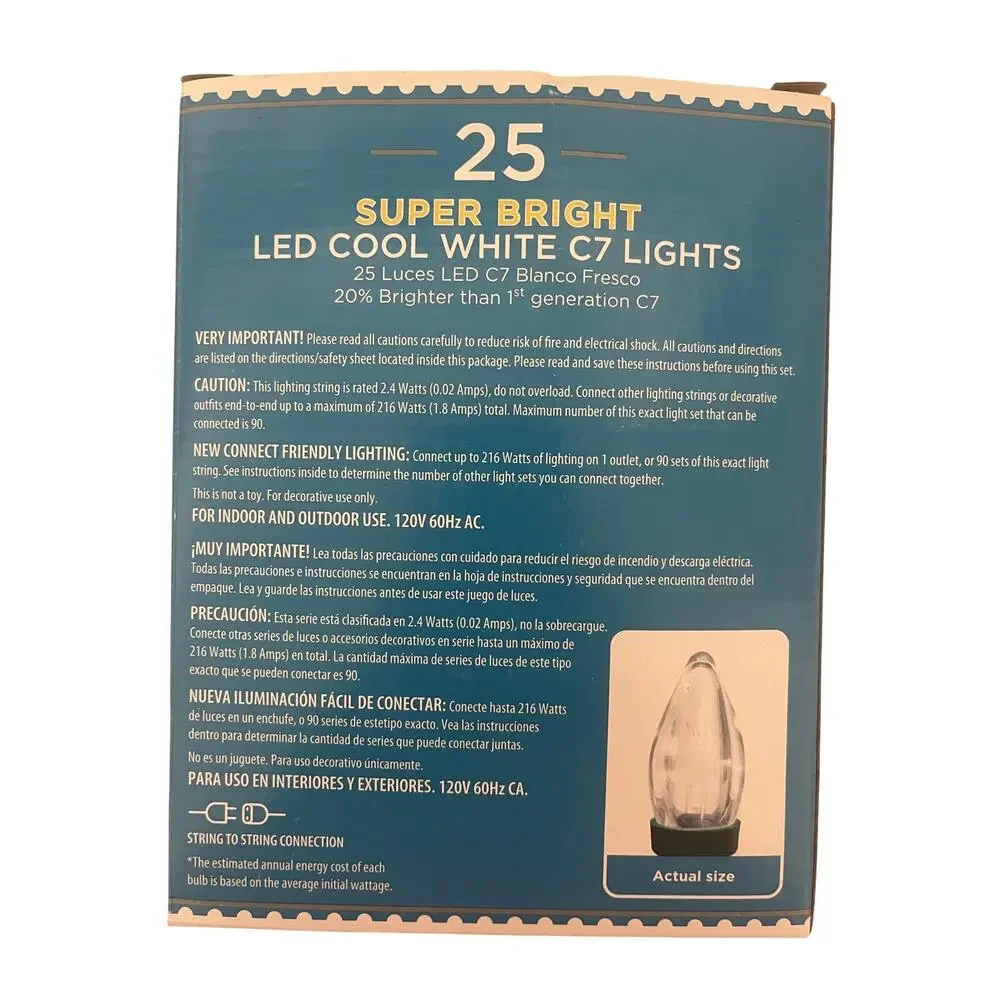 Holiday Time 25-Count Super Bright LED  Cool White  C7 Lights 15 ft - Lot of 2